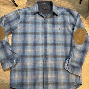 Pendleton Men's Medium  Plaid Trail Shirt Umatilla Virgin Wool Tan Blue  Plaid